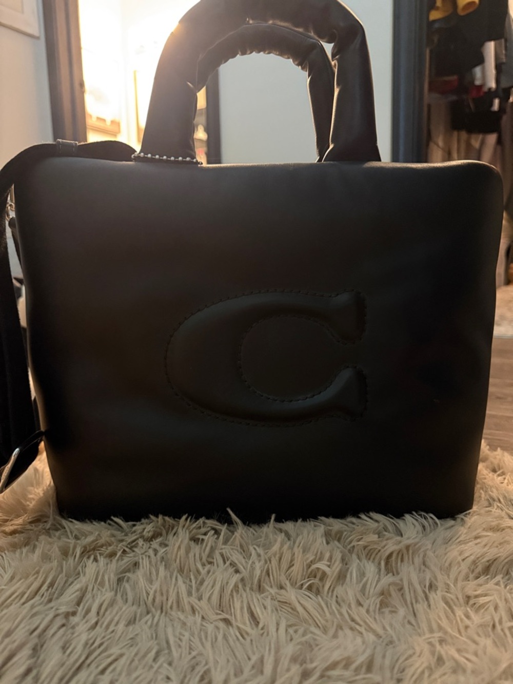 Coach Black Leather Top-Handle Tote with Embossed C Logo